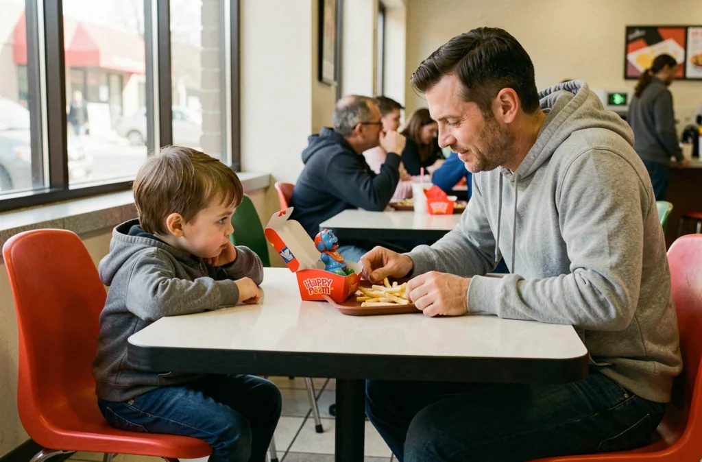 Père et enfant attablés dans un fast-food devant un plateau Happy Meal avec jouet et frites