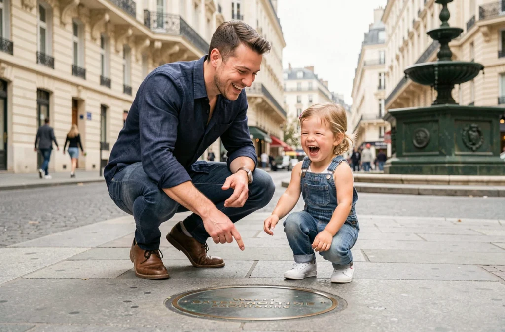 Papa et sa fille de 3 ans découvrent une plaque de rue parisienne lors d'un trajet transformé en activité ludique