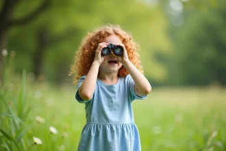 Petite fille de 8 ans utilisant des jumelles enfant dans un pré fleuri, cadeau d'anniversaire idéal pour enfant curieux