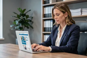 Professionnelle consultant un abonnement magazine business sur ordinateur portable dans un bureau moderne
