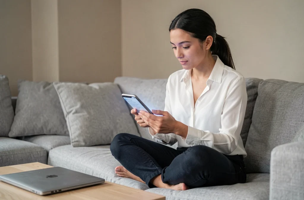 Femme consultant les paramètres de son téléphone pour supprimer un logiciel de surveillance sans laisser de traces