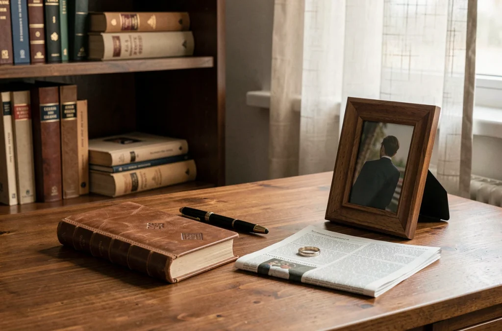 Nature morte symbolique avec alliance, journal intime et cadre retourné évoquant le couple discret et la vie privée préservée