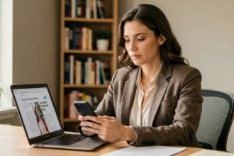 Femme vérifiant des informations sur son smartphone et son ordinateur portable pour éviter de partager de fausses nouvelles sur une célébrité