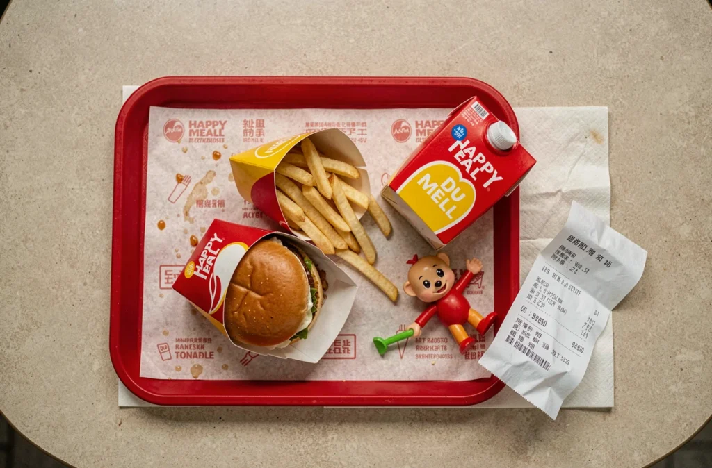 Vue aérienne d'un Happy Meal ouvert sur un plateau avec reçu de caisse dans un fast-food