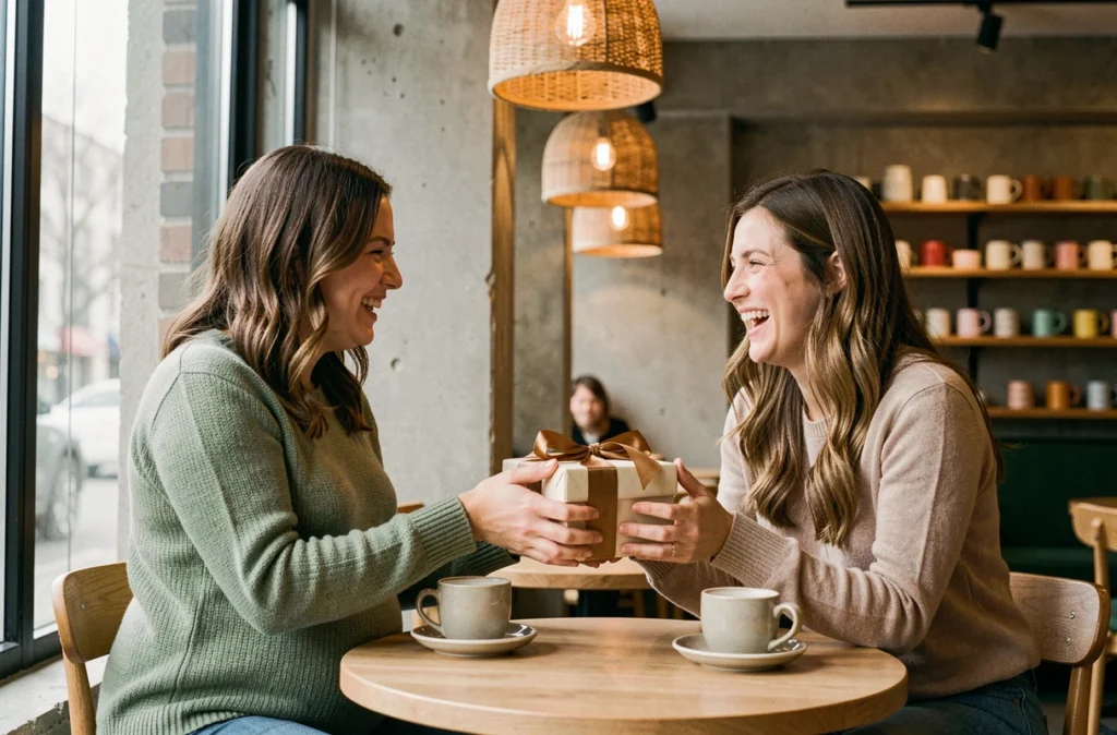 Deux amies dans un café, l'une enceinte recevant un coffret cadeau de maternité avec un ruban satiné, partageant un moment de complicité