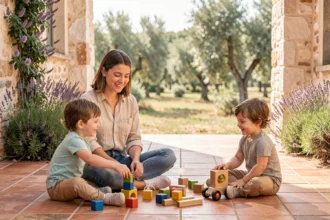 Baby-sitter jouant avec des enfants sur une terrasse ensoleillée en Provence-Alpes-Côte d'Azur