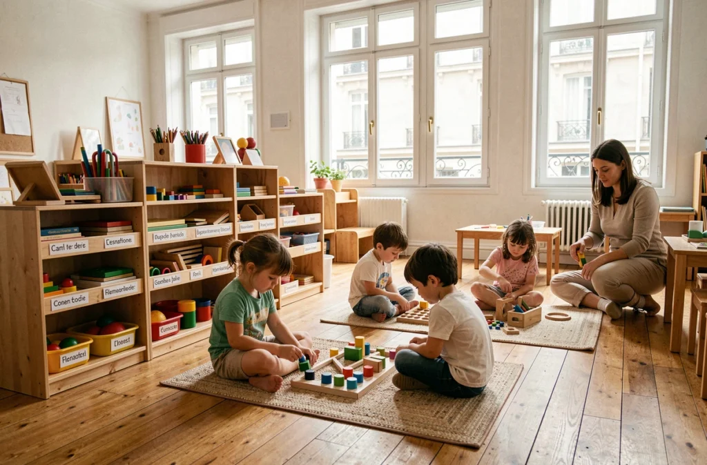 Salle de classe Montessori bilingue à Paris avec matériaux pédagogiques en français et anglais