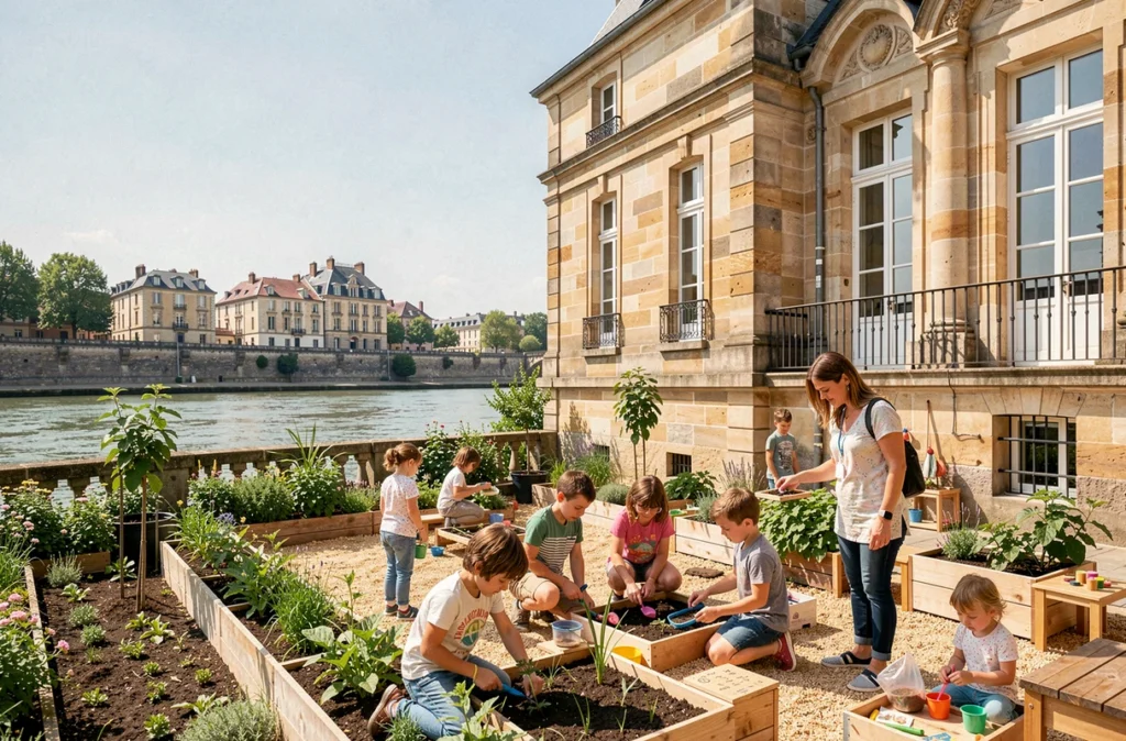 École Montessori bilingue de la Rive Droite à Bordeaux avec façade en pierre girondine et cour extérieure
