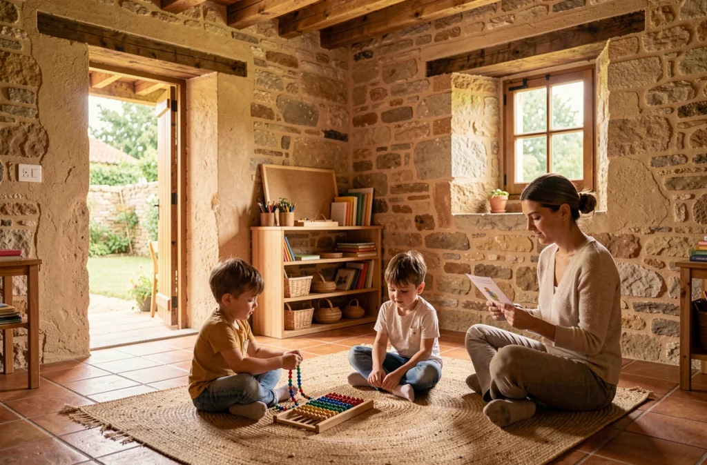 Intérieur chaleureux de la Casa Montessori de Gauriaguet dans une ancienne ferme en pierre de Gironde