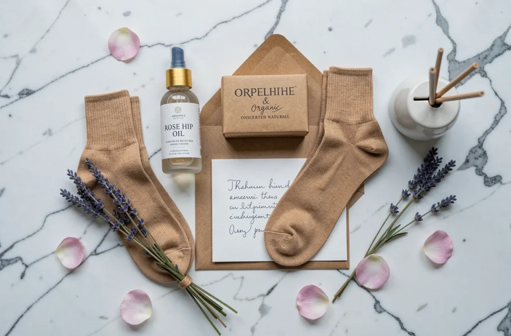 Flat lay d'un coffret cadeau pour femme enceinte avec huile naturelle, savon, chaussettes en bambou et carte manuscrite sur marbre blanc