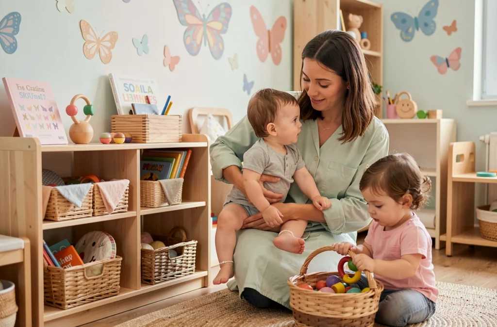 Auxiliaire de puériculture et bébé explorant des jouets sensoriels à la Crèche Chrysalides Florian de Limoges