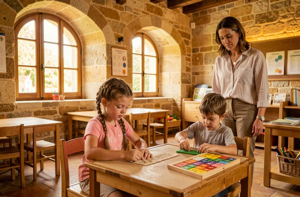 Salle de classe Montessori à Bergerac avec architecture en pierre du Périgord et enfants en activité sensorielle