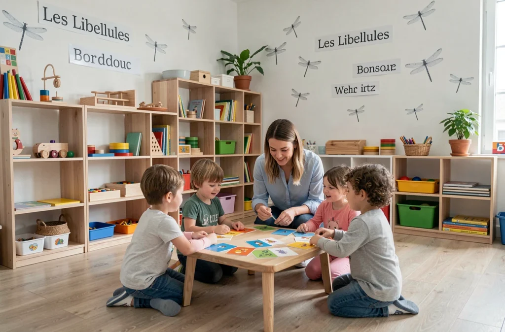 Activité phonétique bilingue avec une enseignante et des enfants dans la classe Les Libellules Montessori à Bordeaux