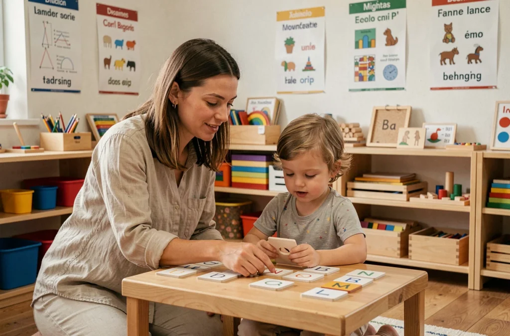 Enseignante guidant un enfant dans une activité bilingue dans une école Montessori de Pau