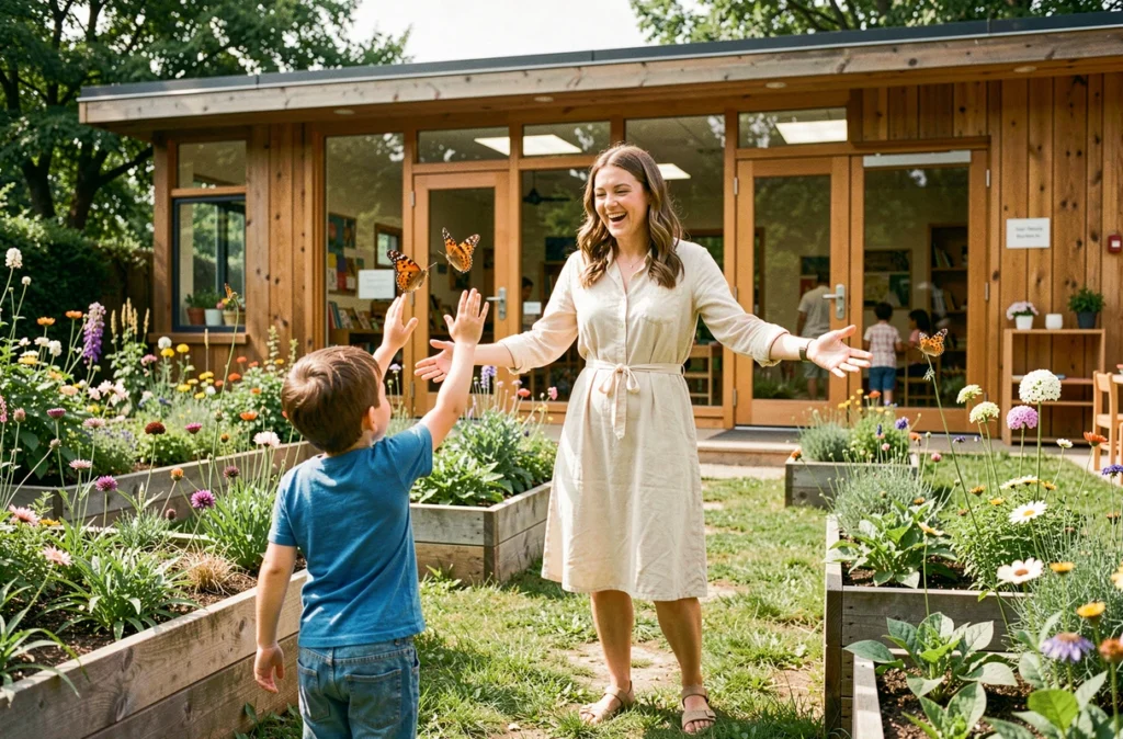 Enfants et éducatrice observant un papillon dans le jardin de l'école Montessori L'Envol des Papillons
