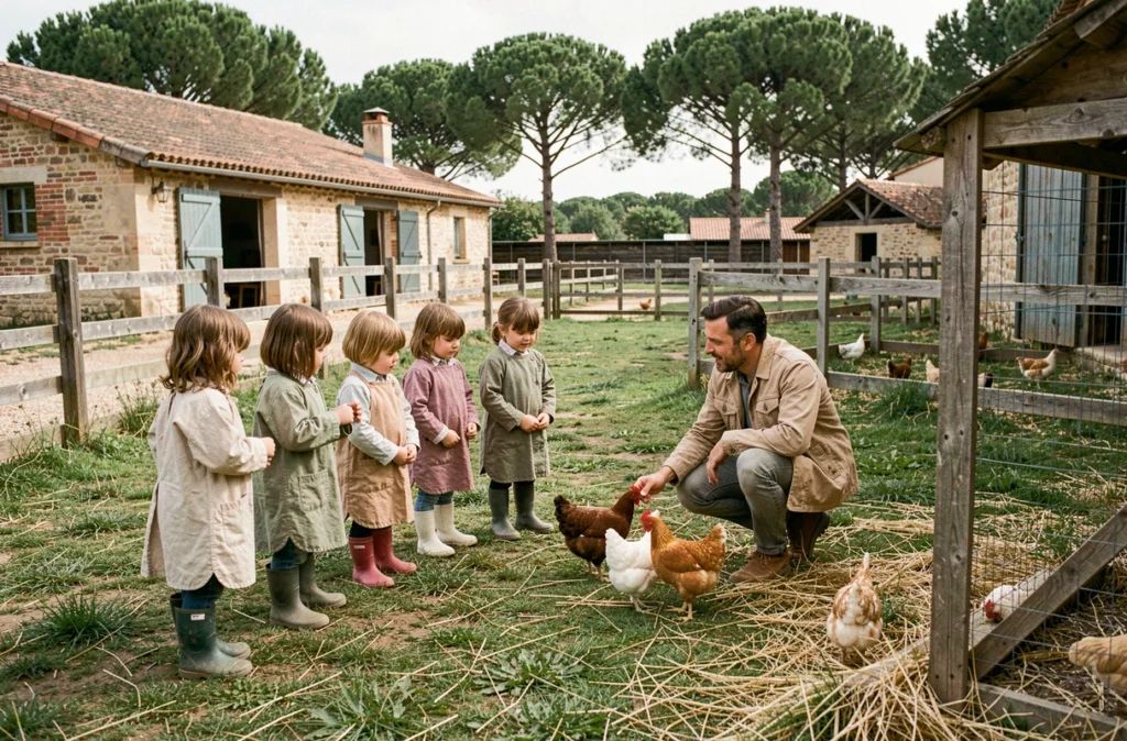 Enfants observant un poulailler dans la ferme pédagogique Montessori du Taillan-Médoc