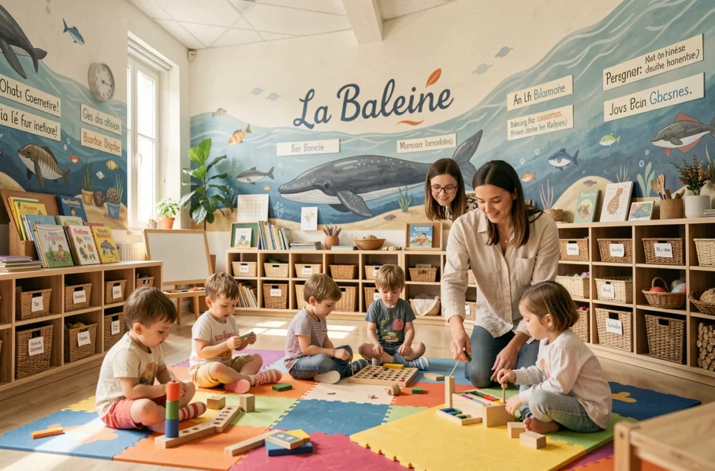 Classe Montessori bilingue de l'École La Baleine à Paris avec décoration sous-marine et enfants en activité