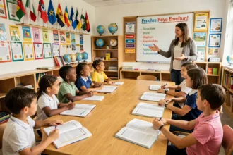 Élèves dans une salle de classe bilingue moderne en Île-de-France avec affiches éducatives bilingues