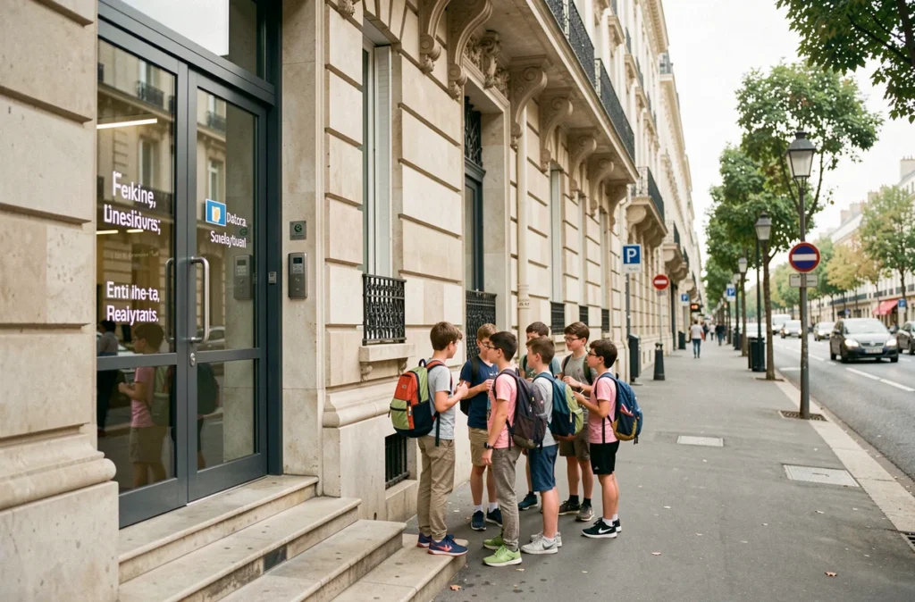 Entrée de l'école bilingue EIB Étoile à Paris avec élèves devant un immeuble haussmannien