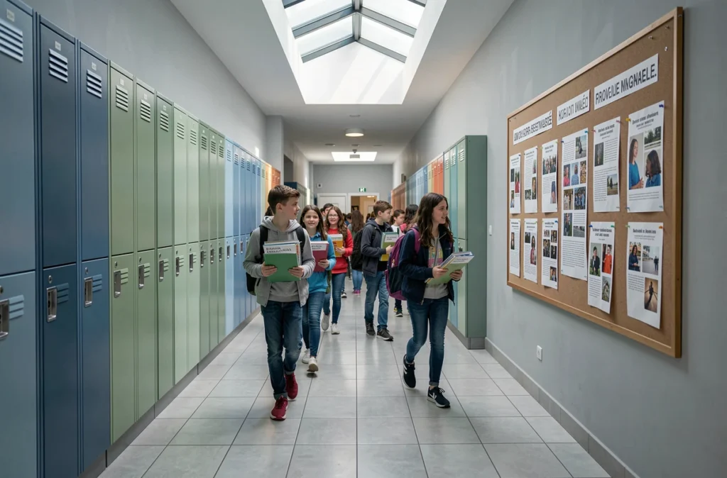 Couloir intérieur animé de l'école bilingue EIB Grenelle à Paris avec élèves et affichages bilingues