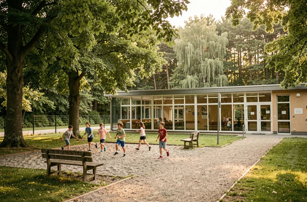 Campus verdoyant de l'école bilingue EIB Jonchere à Marly-le-Roi entouré d'arbres et de nature