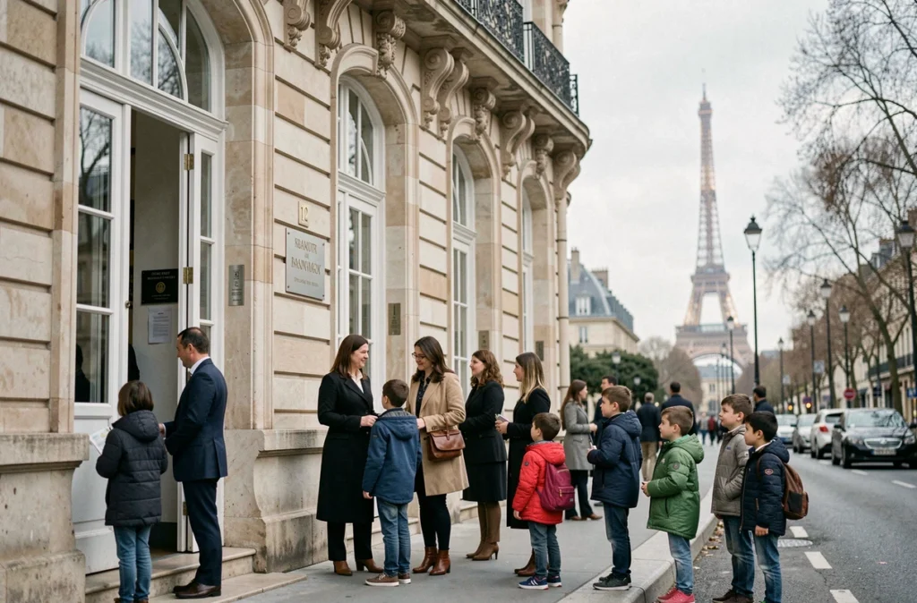 École bilingue EIB Trocadéro à Paris avec parents et élèves devant la façade, Tour Eiffel en arrière-plan