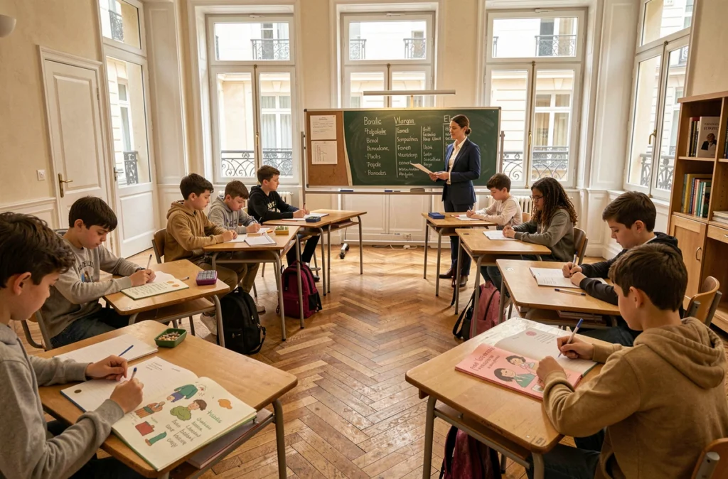 Salle de classe bilingue de l'EIB Wagram à Paris avec élèves et tableau billingue