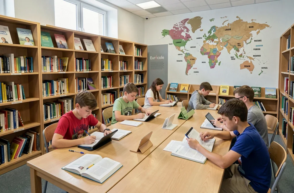 Bibliothèque et espace d'étude bilingue d'Eurécole à Paris avec élèves et livres en français et anglais