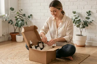 Femme enceinte souriante découvrant un coffret cadeau de maternité avec produits naturels et accessoires cocooning, assise sur un parquet en bois clair