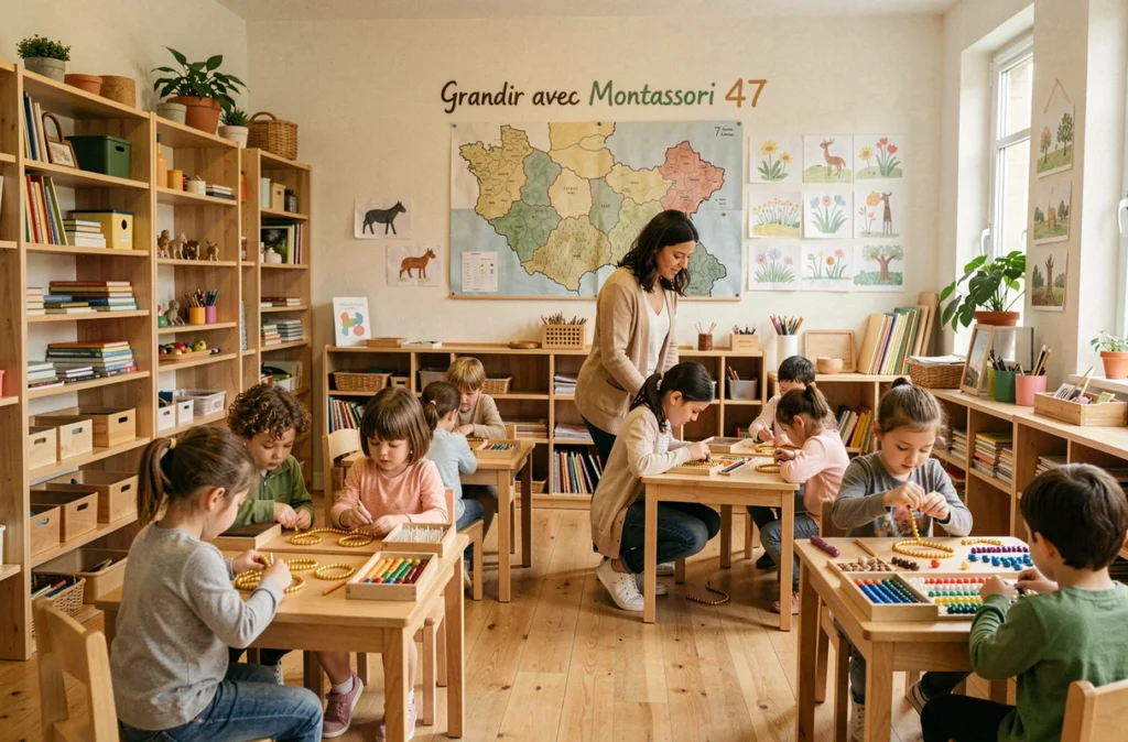 Groupe d'enfants d'âges mixtes travaillant avec du matériel Montessori dans la classe Grandir avec Montessori 47 en Lot-et-Garonne