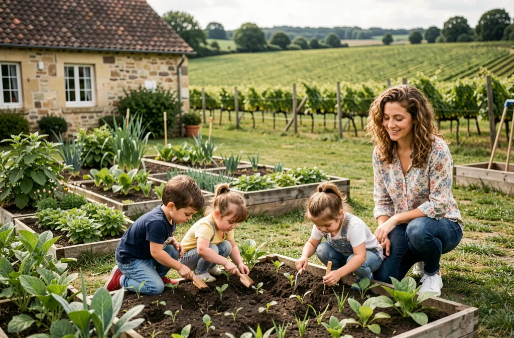 Enfants jardinant sous la supervision d'une éducatrice au Jardin des Enfants de Camblanes-et-Meynac