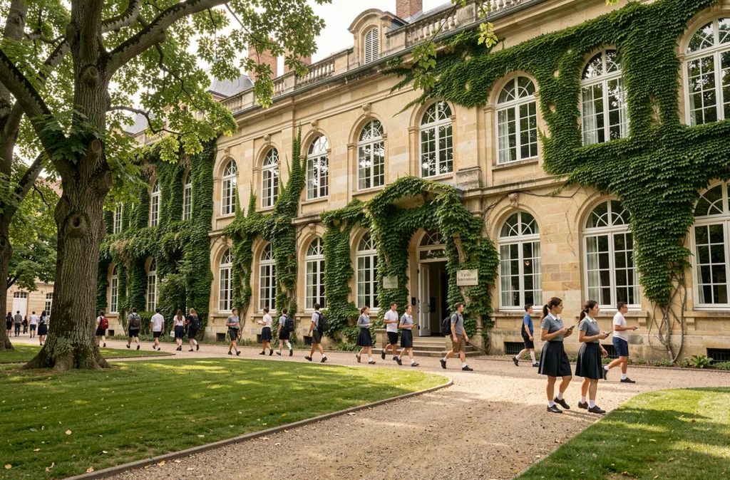 Façade historique du Lycée International de Saint-Germain-en-Laye avec cour intérieure et élèves