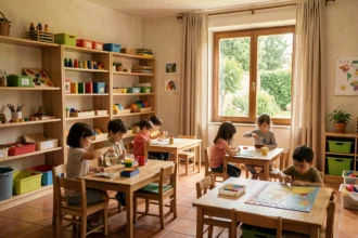 Salle de classe Montessori typique en Nouvelle-Aquitaine avec matériaux pédagogiques en bois et enfants en activité autonome