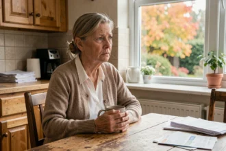 Mère d'une cinquantaine d'années assise seule à une table de cuisine en bois, tenant une tasse, regard mélancolique tourné vers la fenêtre, exprimant la déception et la réflexion intérieure
