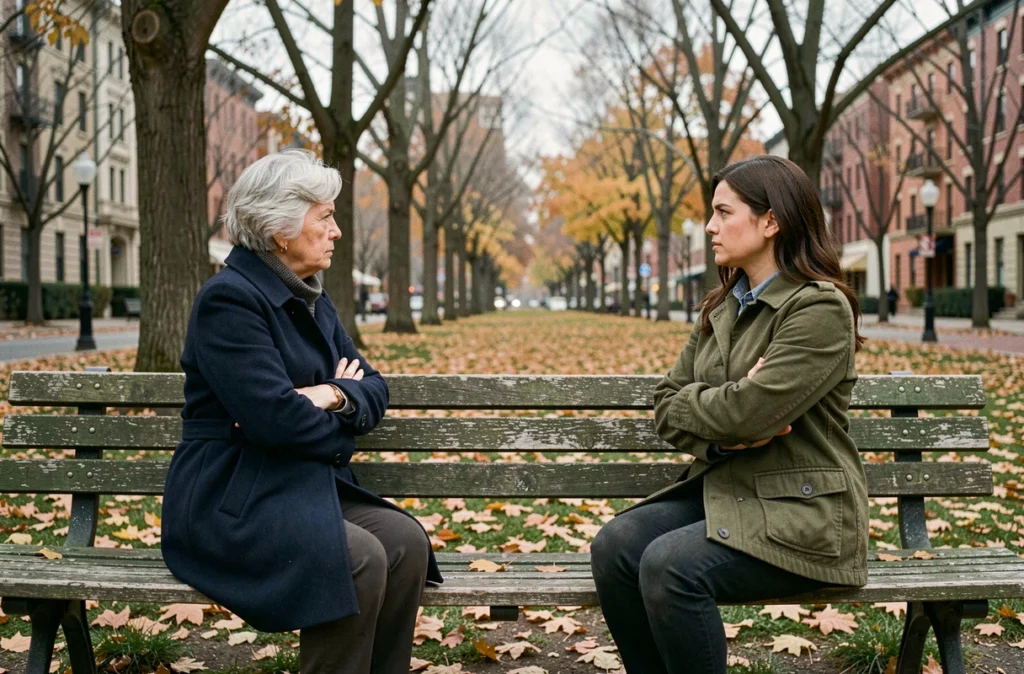 Mère et fille adulte assises sur un banc de parc en automne, dos tournés l'une à l'autre, distance émotionnelle visible entre elles, tensions familiales illustrées en extérieur