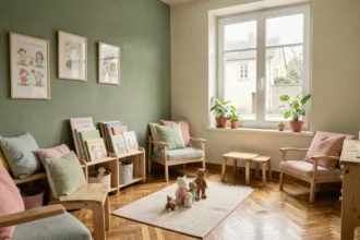 Bureau de psychologue pour enfants chaleureux dans le Grand Est avec mobilier adapté aux enfants et livres illustrés
