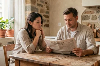 Couple discret partageant un moment du quotidien dans un appartement parisien, illustrant la vie privée loin des rumeurs médiatiques
