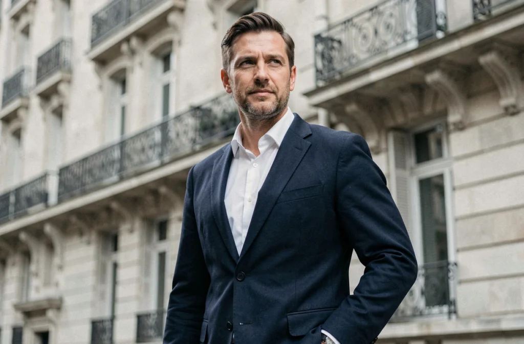 Portrait d'un homme discret devant un immeuble haussmannien parisien, illustration sobre pour un article factuel sur la vie privée de personnalités
